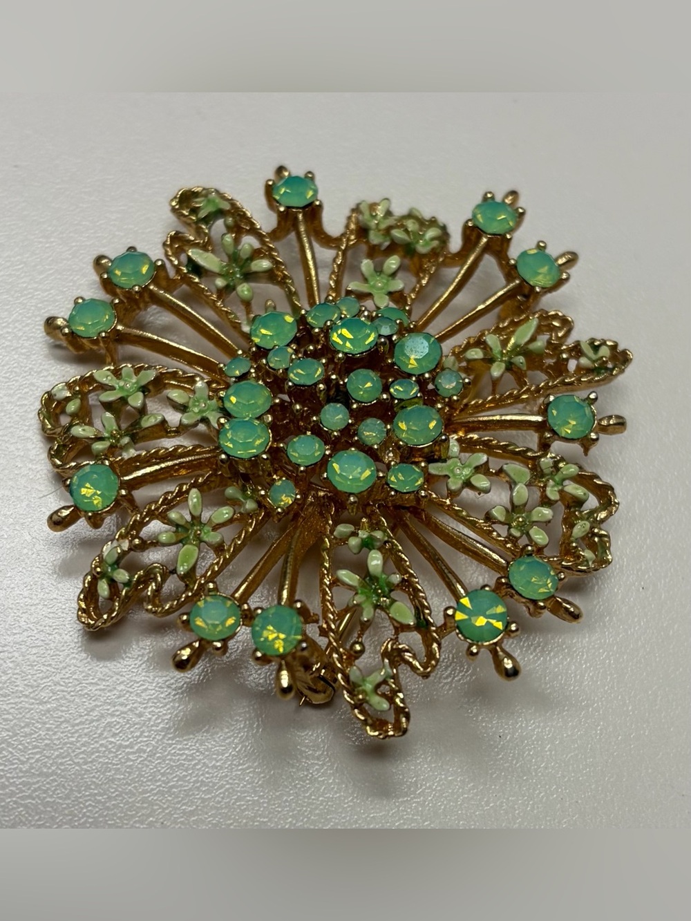 Vintage Green Opalescent Rhinestone Starburst Brooch 1960s Enamel Floral